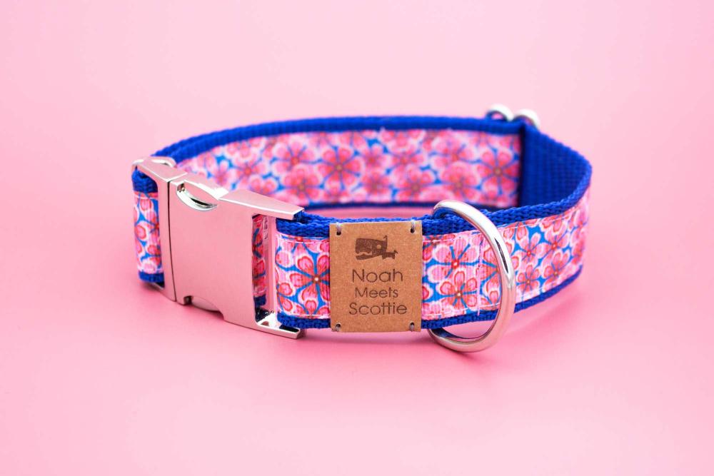 Hundehalsband / Hundegeschirr, Blumen Muster,  rosa und blau