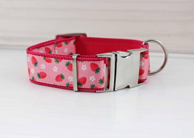 Hundehalsband mit Erdbeeren, rosa und pink, Obst, 30mm